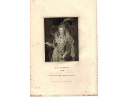 Engraved Portrait of Queen Elizabeth, Three Quarter Length, holding a rainbow, after Zucchero by T.A. Dean.