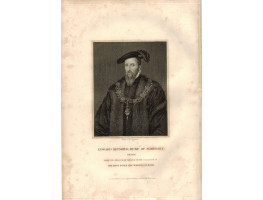 Engraved Portrait of Seymour, Half Length, in hat and robes and Garter collar, after Holbein by S. Freeman.