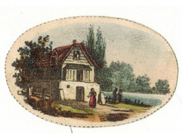 Cottage with figures by lake.