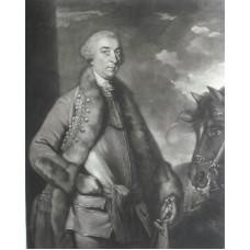 Engraved Portrait when Lord Sackville, Three Quarter Length, in cuirass and fur trimmed coat, by horse by J. McArdell after J. Reynolds.