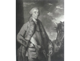 Engraved Portrait when Lord Sackville, Three Quarter Length, in cuirass and fur trimmed coat, by horse by J. McArdell after J. Reynolds.