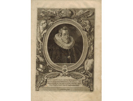 Engraved Portrait of Emperor Ferdinand, Half Length, in laurel wreath, collar and fur trimmed gown, in oval with ornaments of lions and arms by Joachim or Jakob von Sandrart [1630-1708].