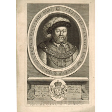 Engraved Portrait of King Henry, Half Length, in cap and fur trimmed gown, in oval on pediment, after Holbein the younger, probably by R. White.