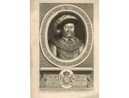 Engraved Portrait of King Henry, Half Length, in cap and fur trimmed gown, in oval on pediment, after Holbein the younger, probably by R. White.