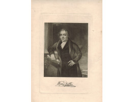 Engraved Portrait of Oastler,Three-Quarter Length, standing by pillar, holding rolled papers, facsimile signature.