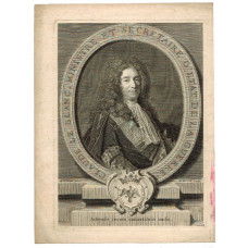 Engraved Portrait of Le Blanc, Half Length, in wig and lace collar, in oval frame with arms on pedestal, after A. le Prieur by P. Drevet [1663-1738].