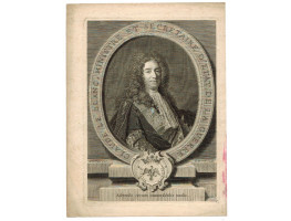 Engraved Portrait of Le Blanc, Half Length, in wig and lace collar, in oval frame with arms on pedestal, after A. le Prieur by P. Drevet [1663-1738].