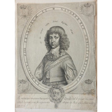 Engraved Portrait of King Louis XIII, Half-Length, when a boy, oval, with Royal arms at foot,  legend around oval 'Ludovicus XIII Francorum et Navarae Rex Christianissimus', L surmounted by a crown in each corner, 'Roussel exc'