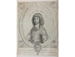 Engraved Portrait of King Louis XIII, Half-Length, when a boy, oval, with Royal arms at foot,  legend around oval 'Ludovicus XIII Francorum et Navarae Rex Christianissimus', L surmounted by a crown in each corner, 'Roussel exc'