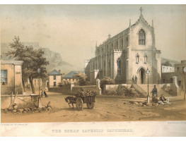 The Roman Catholic Cathedral, by W.L. Walton. Ladies and cart going up street, two men sitting at foot of gas lamp, Table Mountain in background.