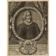 Engraved Portrait of 'Rudolphus D.G. Princeps Anhaltinus . . ' Half-Length, in ruff, in oval, laurel border, coats of arms below,