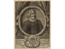 Engraved Portrait of 'Rudolphus D.G. Princeps Anhaltinus . . ' Half-Length, in ruff, in oval, laurel border, coats of arms below,