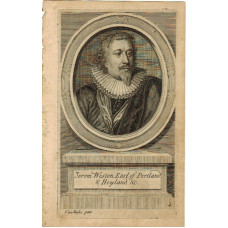 Engraved Portrait of  Earl of Portland, Head and Shoulders, in oval, on pedestal, by after Van Dyck.