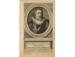 Engraved Portrait of  Earl of Portland, Head and Shoulders, in oval, on pedestal, by after Van Dyck.