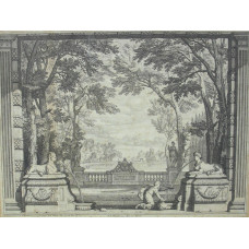 Landscape garden with sculpture, lake and trees, two fountains in the shape of sphinxes facing each other, from one a woman takes water.