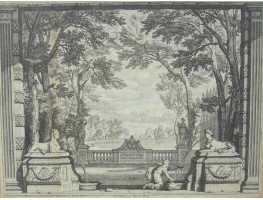 Landscape garden with sculpture, lake and trees, two fountains in the shape of sphinxes facing each other, from one a woman takes water.