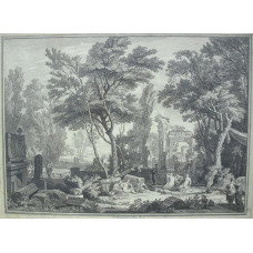 Classical landscape with ruins and figures, foreground with semi clad women and sculpture, trees and triumphal arch, port in background.