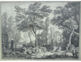 Classical landscape with ruins and figures, foreground with semi clad women and sculpture, trees and triumphal arch, port in background.