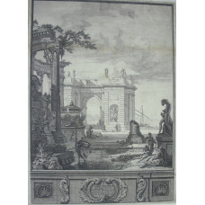 Classical harbour scene with ruins and figures, ruined rotunda, sacophagus and arch, cartouche below. First plate from series 'Zaal-stucken in 't Huys van de H. D. B. Mezquita'