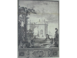 Classical harbour scene with ruins and figures, ruined rotunda, sacophagus and arch, cartouche below. First plate from series 'Zaal-stucken in 't Huys van de H. D. B. Mezquita'