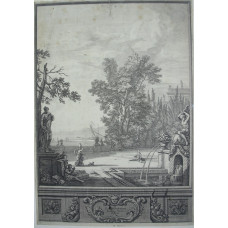 Classical harbour scene with trees and figures, to the left a sculpture of a woman and to the right a fountain incorporating a dolphin, cartouche below. Second plate from series 'Zaal-stucken in 't Huys van de H. D. B. Mezquita'