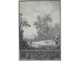 Classical harbour scene with trees and figures, to the left a sculpture of a woman and to the right a fountain incorporating a dolphin, cartouche below. Second plate from series 'Zaal-stucken in 't Huys van de H. D. B. Mezquita'