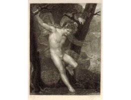 'Le Zephyr'. Naked boy holds two branches of tree above a stream, by Alexandre Vincent Sixdeniers [1795-1846].