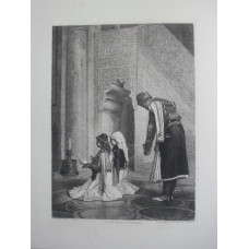 'Jeune Grecs a la Mosque'  Two young men kneel by a candle while a man standing behind bows, after Jean Leon Gerome [1824-1904].