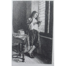 Man in 18th century dress standing reading by window, more books on table, after Meissonier.