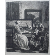 'The Music Lesson'  Woman seated at a virginal beside sits a man holding a wine glass, after G. Metsu.