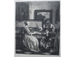 'The Music Lesson'  Woman seated at a virginal beside sits a man holding a wine glass, after G. Metsu.