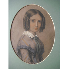 ORIGINAL PASTEL PORTRAIT, in colours, Half Length, when young, in blue and grey striped dress, with white collar.