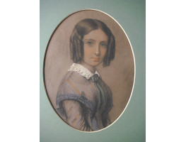 ORIGINAL PASTEL PORTRAIT, in colours, Half Length, when young, in blue and grey striped dress, with white collar.