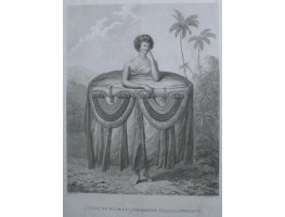 'A Young Woman of Otaheite, bringing a Present' after John Webber. Woman from Tahiti wearing large skirt.