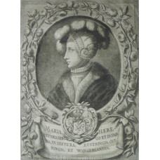 Engraved Portrait of 'Maria Haereditariavirgo et Domina in Ihevra, Rustringia, Ostrringia, et Wangerlandia', Head and shoulders in plumed hat and ruff, in profile, within border of roses, coat of arms below, by P. Philip.