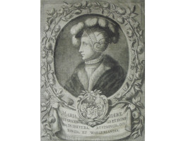 Engraved Portrait of 'Maria Haereditariavirgo et Domina in Ihevra, Rustringia, Ostrringia, et Wangerlandia', Head and shoulders in plumed hat and ruff, in profile, within border of roses, coat of arms below, by P. Philip.