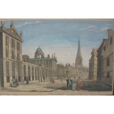 'Vue d'Optique 63. Universitatis ac Reginae Collegiorum prospectus Oxfordiae. Le College de l'Universite et celui de la Reine a Oxford'. Elegant company walking on the High.