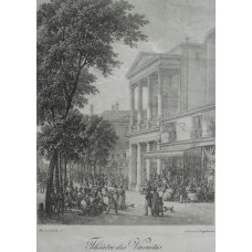 'Theatre de Varietes'  Exterior view of theatre with a bustling street scene including people seated on cafe terrace and under trees, by Bacler d Albe [1761-1824].