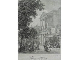 'Theatre de Varietes'  Exterior view of theatre with a bustling street scene including people seated on cafe terrace and under trees, by Bacler d Albe [1761-1824].