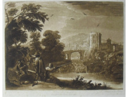 Landscape with Huntsman and Artist. Beauties of Claude 8. Two men shooting across river, artist sitting on rock, town in distance, by John Bromley [1778-1855].