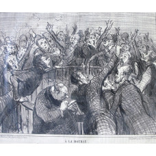 Croquis Parisiens No. 6. 'A la Bourse Ce qu'on appelle une corbeille - pas de fleurs en tour cas'. Men dealing on the Stock Exchange.