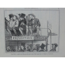 L'Exposition Universelle. No. 31 'Exposition en plein vent des provinciaux venus a Paris pour voir le Palais de l'industrie'. Passengers on open upper floor of omnibus turning to stare.