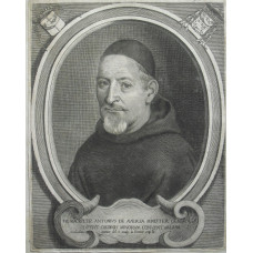 Engraved Portrait of 'Fr. Magister Antonius' de Aversa Minister Generalis Totius Ordinis Minorum Conventalium', Head and Shoulders, wearing skull cap, in oval, with cartouche and two coats of arms, by and after Gomier.