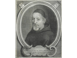 Engraved Portrait of 'Fr. Magister Antonius' de Aversa Minister Generalis Totius Ordinis Minorum Conventalium', Head and Shoulders, wearing skull cap, in oval, with cartouche and two coats of arms, by and after Gomier.