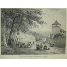 'Vue des Thermes, a Bagneres Bigorre. Hautes Pyrenees. No. 42' Figures by A. Bayot. Lithographed by Gihaut freres