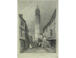 'Tour de L'Horloge, a Bagneres Hautes Pyrenees. No. 47' Figures by A. Bayot. Lithographed by Gihaut freres.