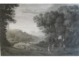 'Une Danse au Soleil Couchant'  Wooded landscape with goats and figures, woman dancing to bagpipes, by Francois Godefroy [1743-1819]  after drawing by Marchais.