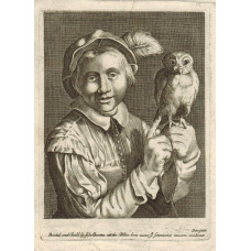 Boy with Owl, Half-Length wearing plumed hat and slashed doublet with gauntlet on left hand holding owl with leash.