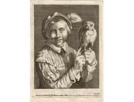 Boy with Owl, Half-Length wearing plumed hat and slashed doublet with gauntlet on left hand holding owl with leash.