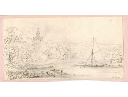 'Putney'  View of Thames with a sailing boat and tower behind trees.